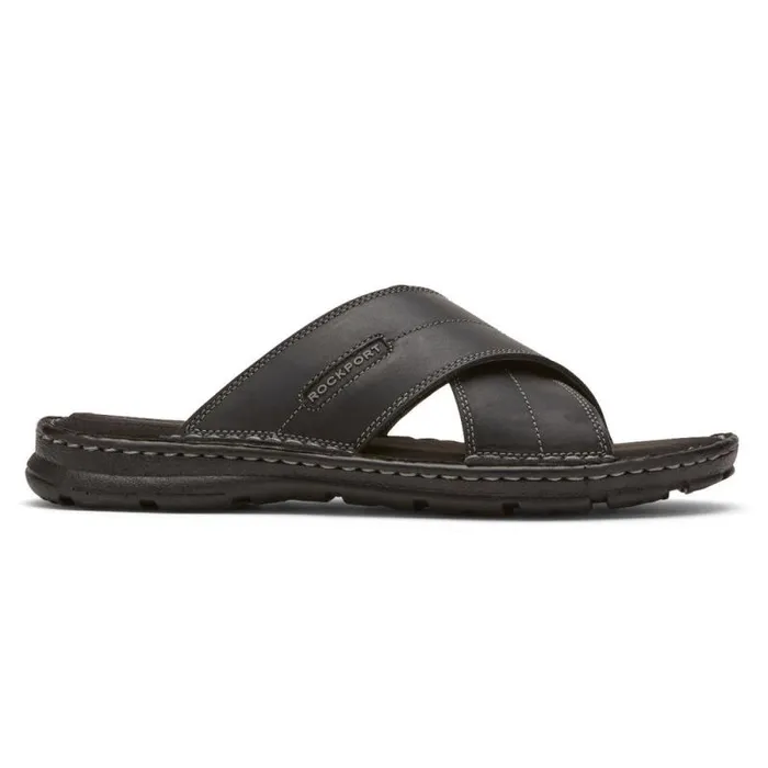 Men Rockport Sandals Darwyn Cross Band Slide Black Leather Ii