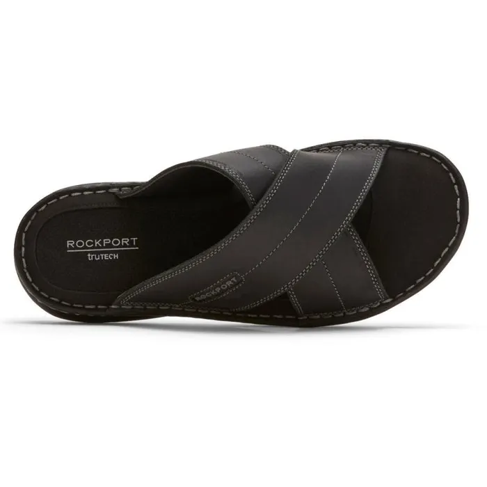Men Rockport Sandals Darwyn Cross Band Slide Black Leather Ii