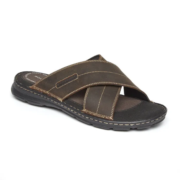 Men Rockport Sandals Darwyn Cross Band Slide Brown Ii Leather