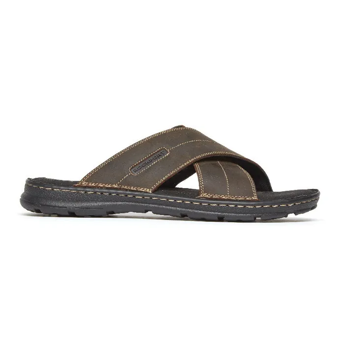 Men Rockport Sandals Darwyn Cross Band Slide Brown Ii Leather