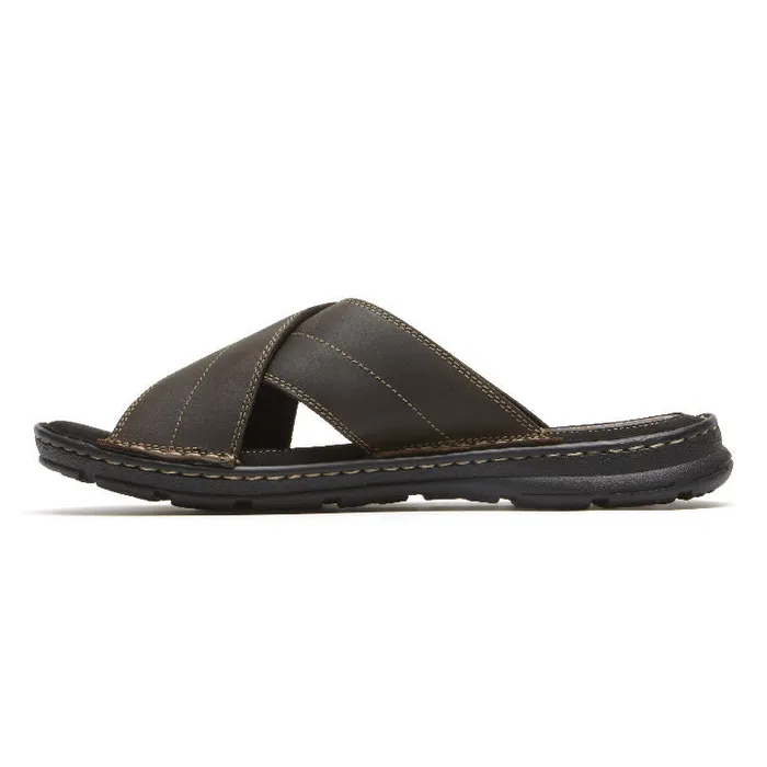 Men Rockport Sandals Darwyn Cross Band Slide Brown Ii Leather