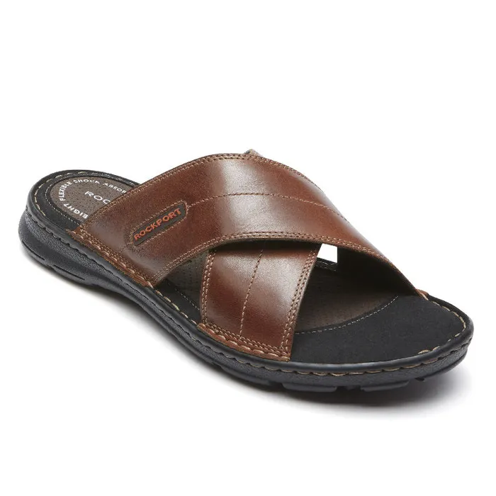 Men Rockport Sandals Darwyn Cross Band Slide Coach Brown Lea