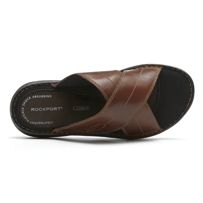 Men Rockport Sandals Darwyn Cross Band Slide Coach Brown Lea