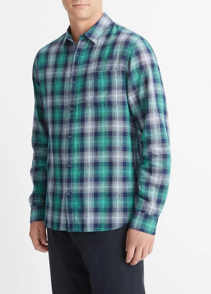 Men Shirts Vince Del Mar Plaid LongSleeve Shirt Royal Bluemalibu Water