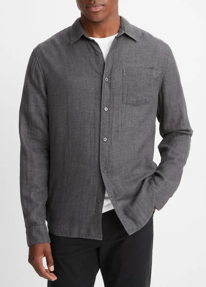 Men Shirts Vince Double Face Long Sleeve Heather Black