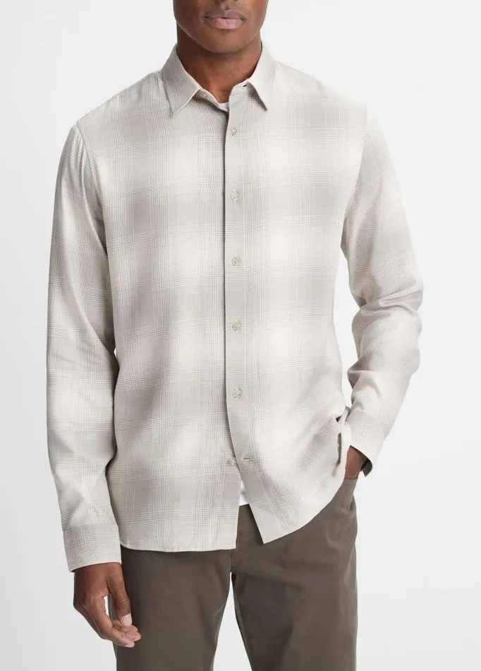 Men Shirts Vince Forest Shadow Plaid Shirt Stone Beachdune Grey