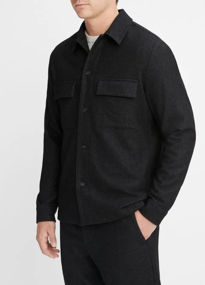 Men Shirts Vince Italian Virgin WoolBlend Flannel Overshirt Heather Black