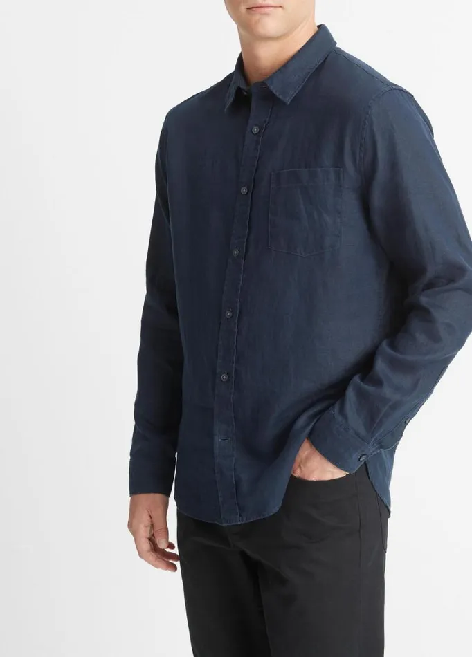 Men Shirts Vince Linen LongSleeve Shirt Coastal Blue