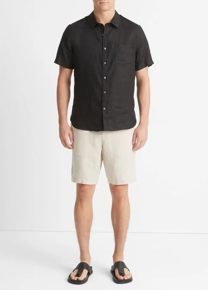 Men Shirts Vince Linen ShortSleeve Shirt Black