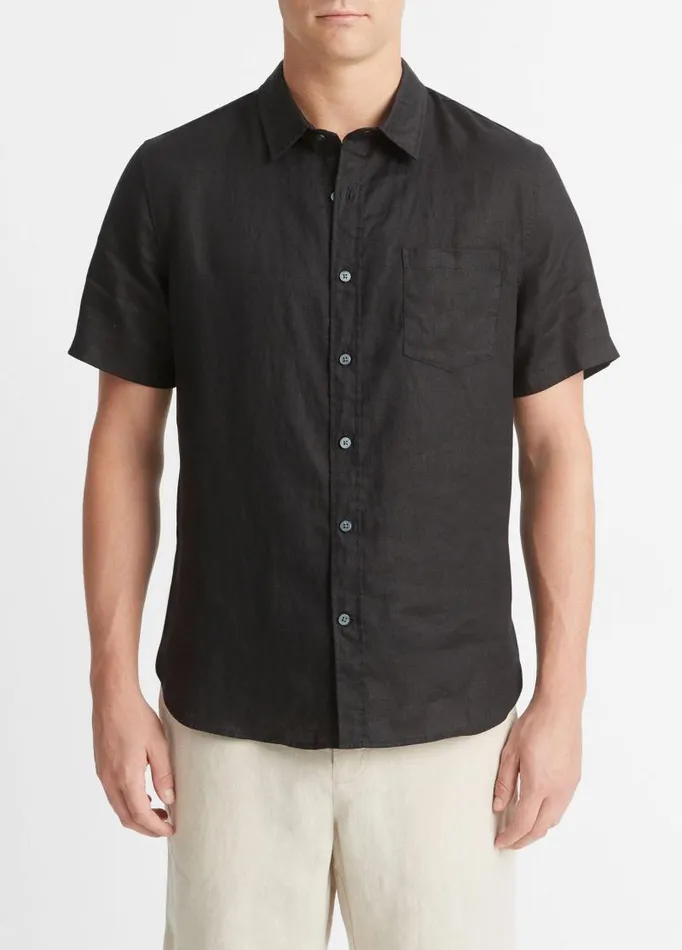 Men Shirts Vince Linen ShortSleeve Shirt Black