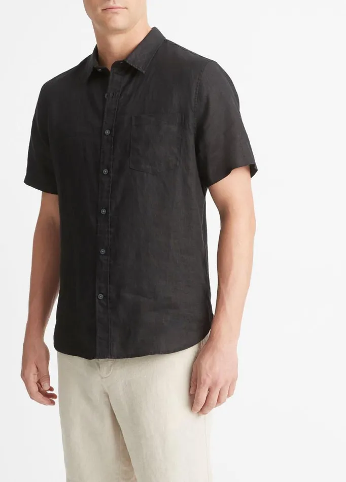 Men Shirts Vince Linen ShortSleeve Shirt Black