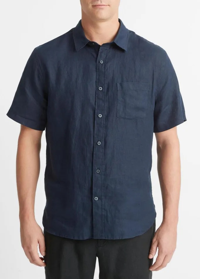 Men Shirts Vince Linen ShortSleeve Shirt Coastal Blue