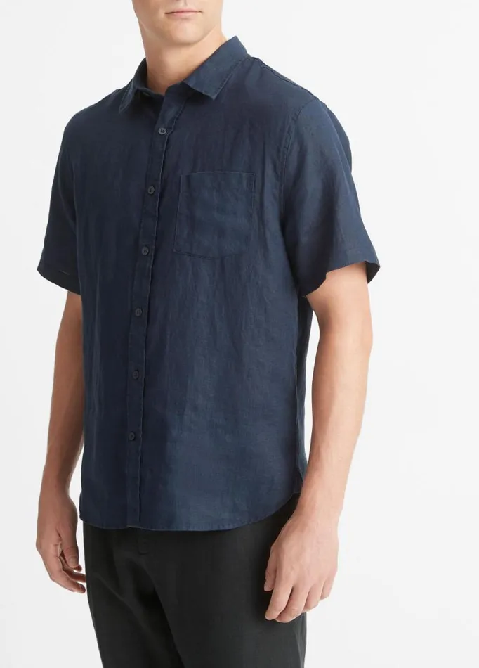Men Shirts Vince Linen ShortSleeve Shirt Coastal Blue