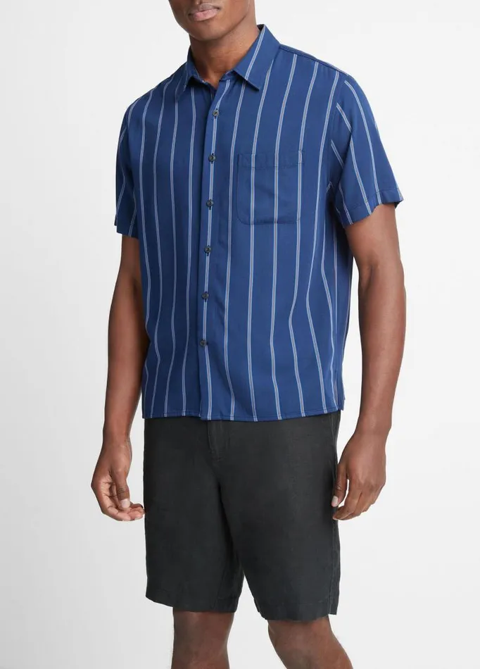 Men Shirts Vince Pacifica Stripe ShortSleeve Shirt Royal Bluecobalt