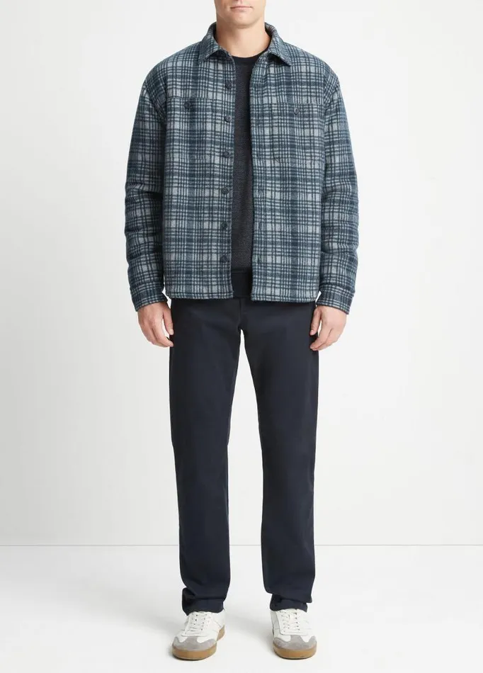 Men Shirts Vince Plaid Sherpa Shirt Jacket Medium Heather Greycoastal Blue