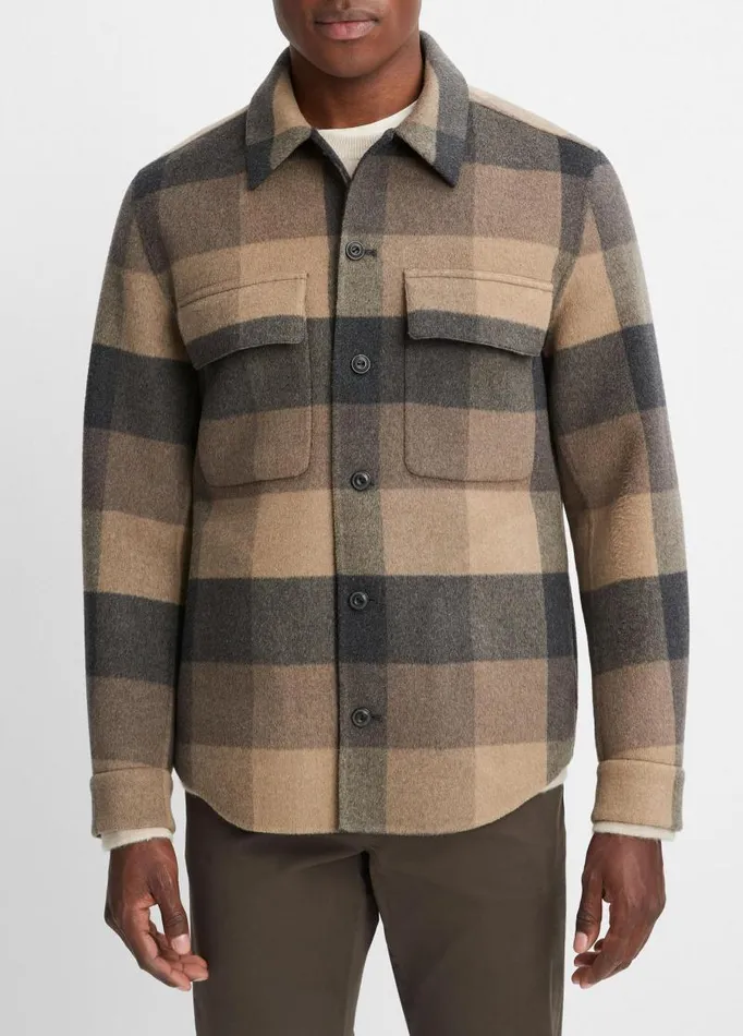 Men Shirts Vince Plaid Splittable WoolBlend Shirt Jacket Warm Pewter