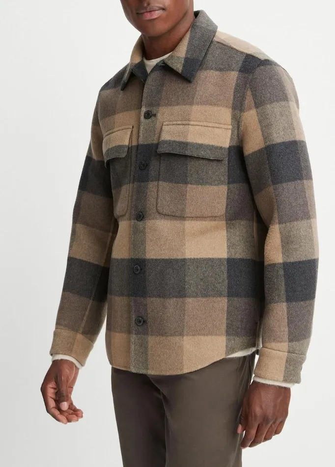 Men Shirts Vince Plaid Splittable WoolBlend Shirt Jacket Warm Pewter