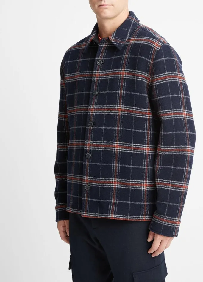 Men Shirts Vince Plaid WoolBlend Shirt Jacket Coastal Bluedesert Sky