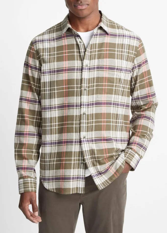Men Shirts Vince Santa Barbara Plaid Shirt Olive Covedesert Sky