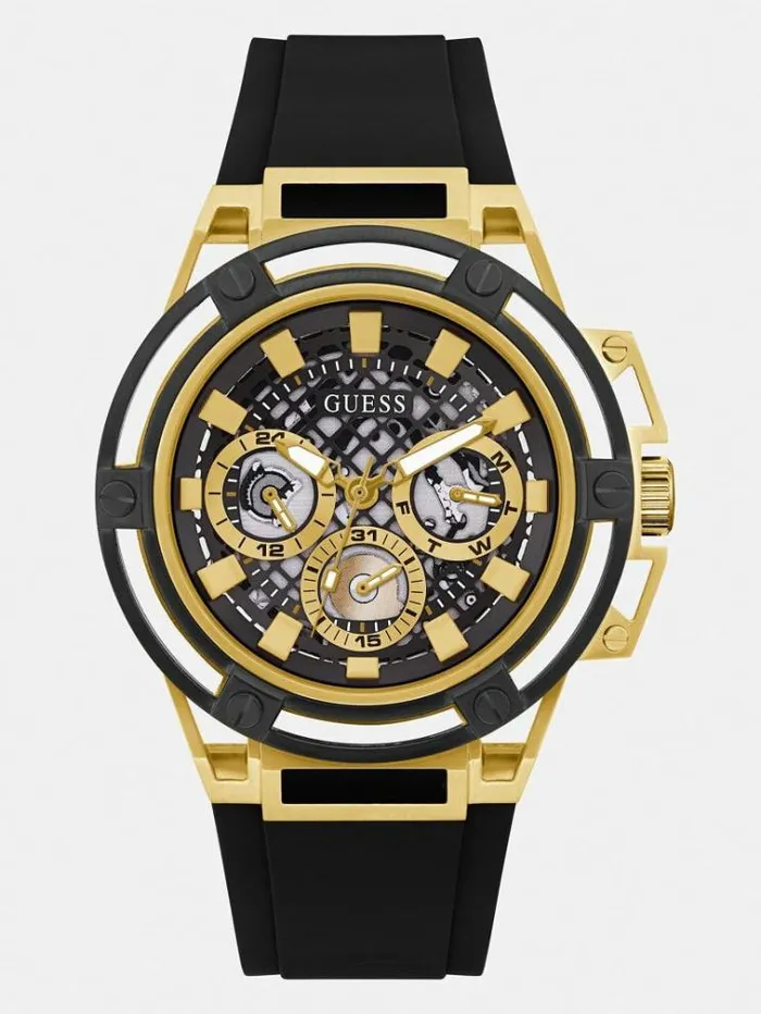 Men Silicone Multifunction Watch Gold Guess Watches
