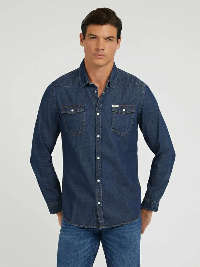 Men Slim Fit Denim Shirt Blue Guess Shirts