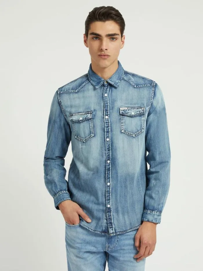 Men Slim Fit Denim Shirt Light Blue Guess Shirts