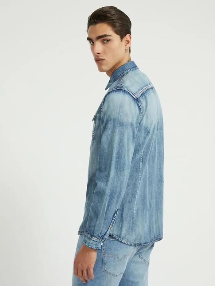 Men Slim Fit Denim Shirt Light Blue Guess Shirts