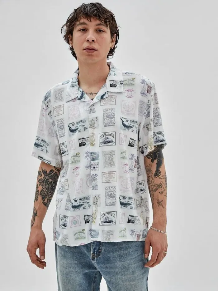 Men Stamps Print Shirt White Multi Guess Shirts