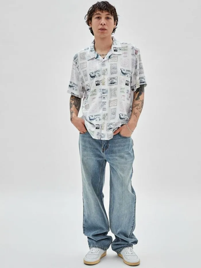 Men Stamps Print Shirt White Multi Guess Shirts