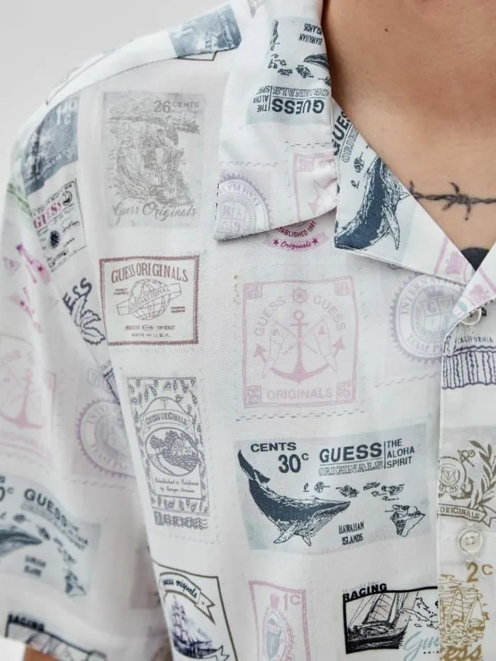 Men Stamps Print Shirt White Multi Guess Shirts