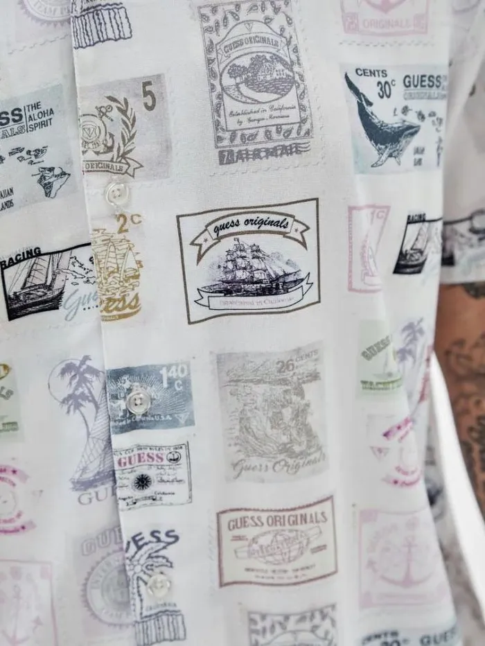 Men Stamps Print Shirt White Multi Guess Shirts