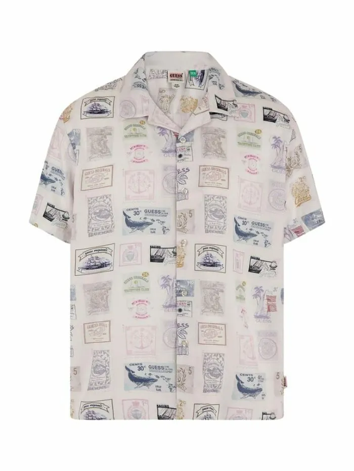 Men Stamps Print Shirt White Multi Guess Shirts