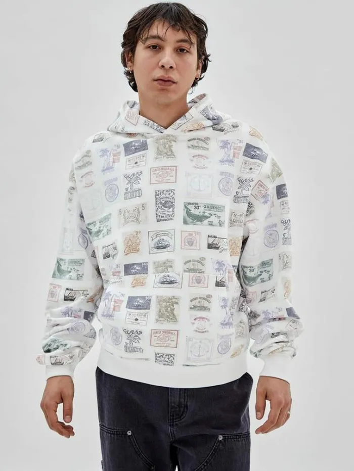Men Stamps Print Sweatshirt White Multi Guess Knitwear And Sweatshirts