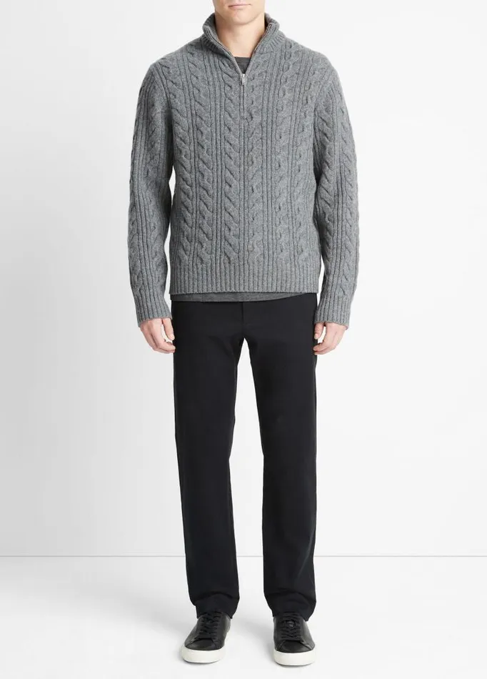 Men Sweaters Vince CableKnit Wool QuarterZip Sweater Medium Heather Grey