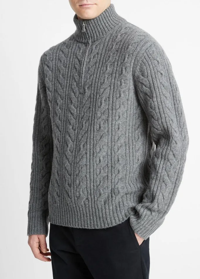 Men Sweaters Vince CableKnit Wool QuarterZip Sweater Medium Heather Grey