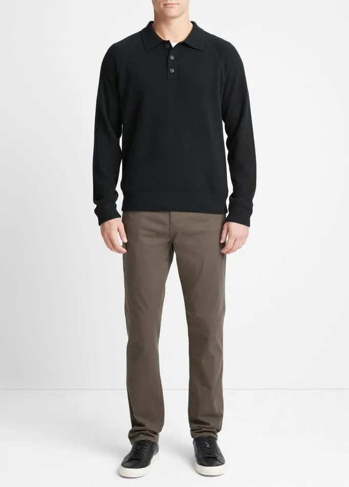 Men Sweaters Vince Cashmere LongSleeve Polo Sweater Blackmedium Heather Grey
