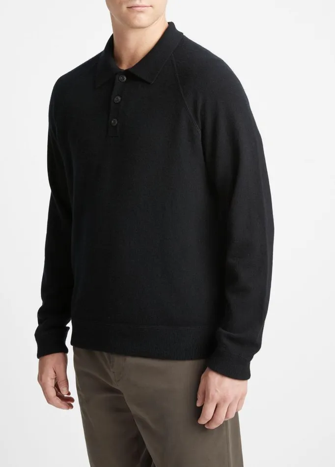 Men Sweaters Vince Cashmere LongSleeve Polo Sweater Blackmedium Heather Grey