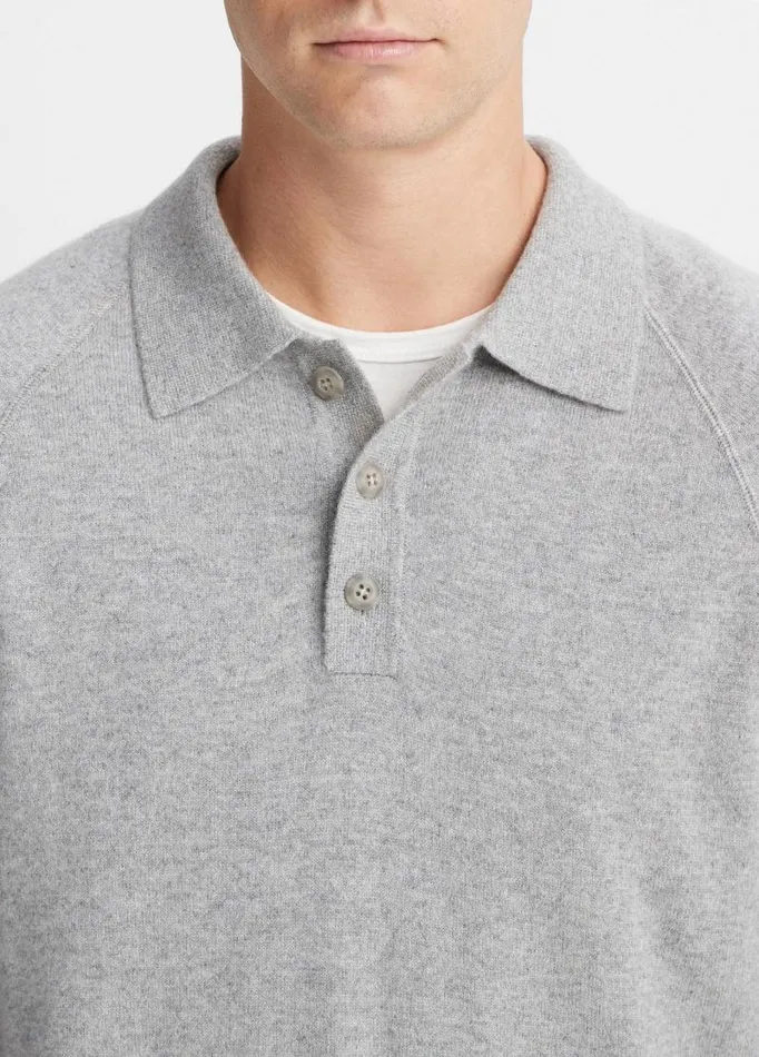 Men Sweaters Vince Cashmere LongSleeve Polo Sweater Heather Greymedium Heather Grey