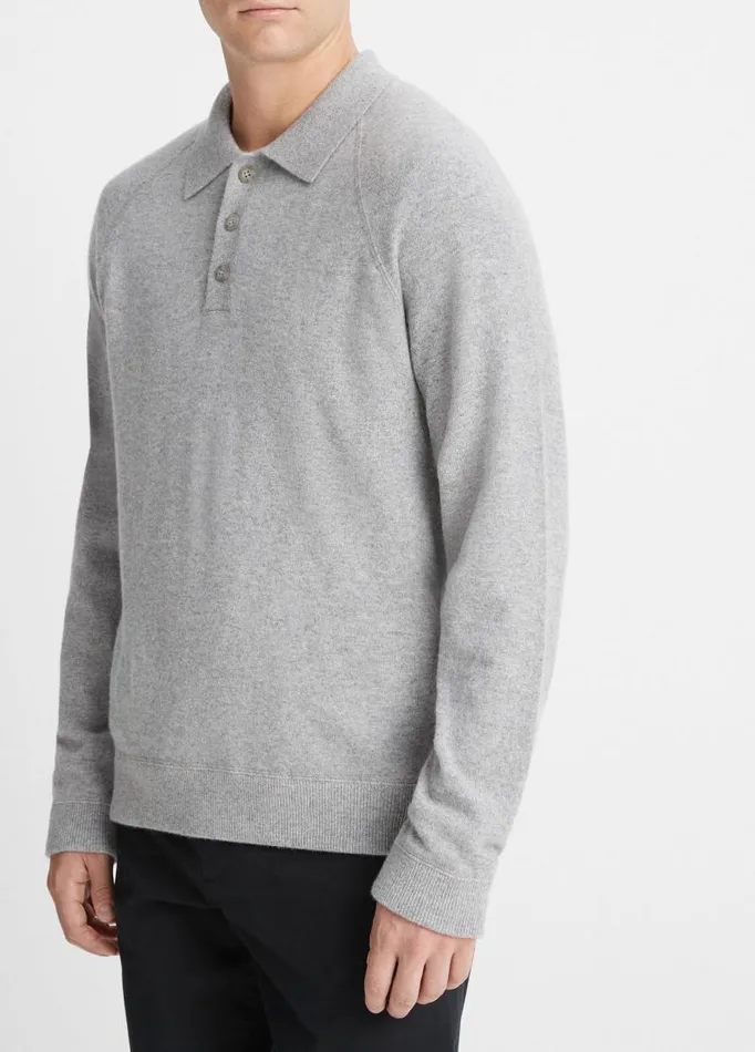 Men Sweaters Vince Cashmere LongSleeve Polo Sweater Heather Greymedium Heather Grey