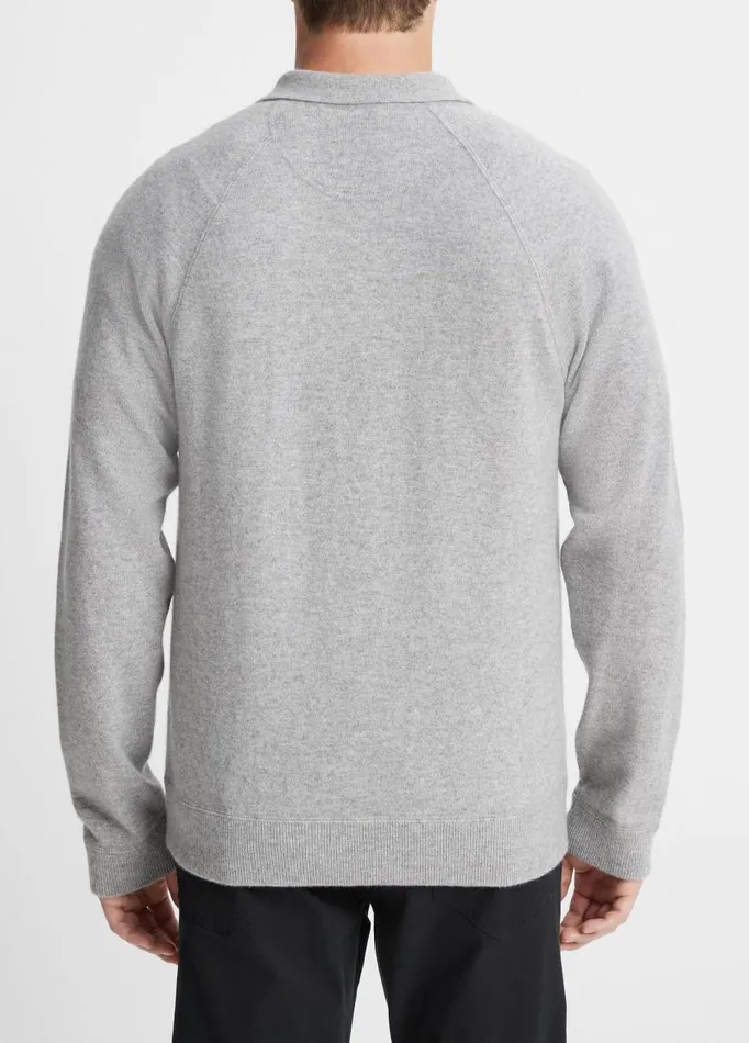 Men Sweaters Vince Cashmere LongSleeve Polo Sweater Heather Greymedium Heather Grey