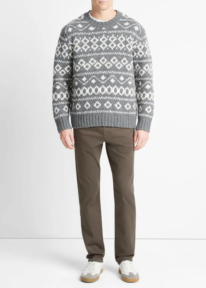 Men Sweaters Vince Fair Isle WoolBlend Crew Neck Sweater Medium Heather Grey Combo