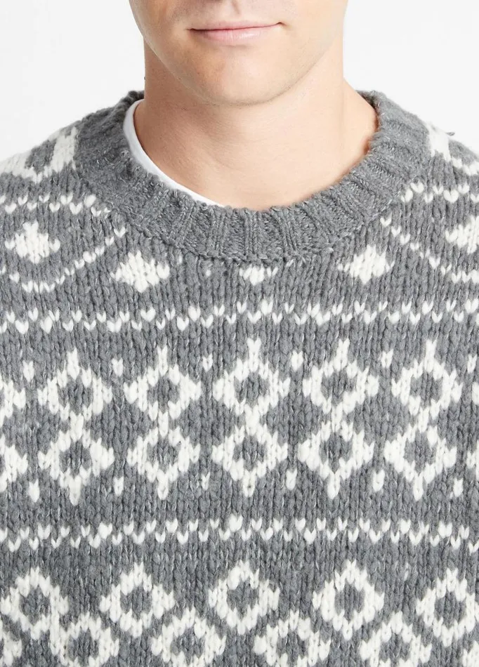 Men Sweaters Vince Fair Isle WoolBlend Crew Neck Sweater Medium Heather Grey Combo