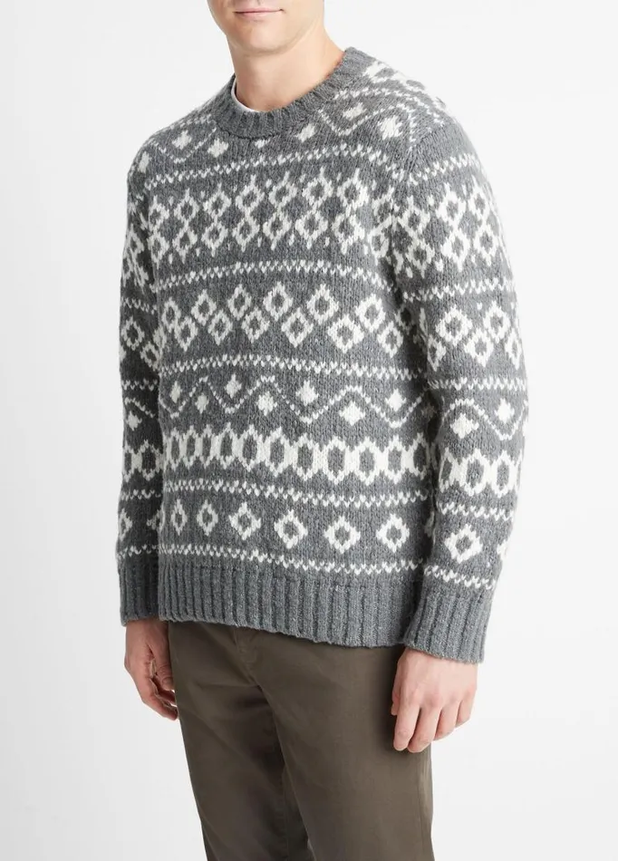 Men Sweaters Vince Fair Isle WoolBlend Crew Neck Sweater Medium Heather Grey Combo
