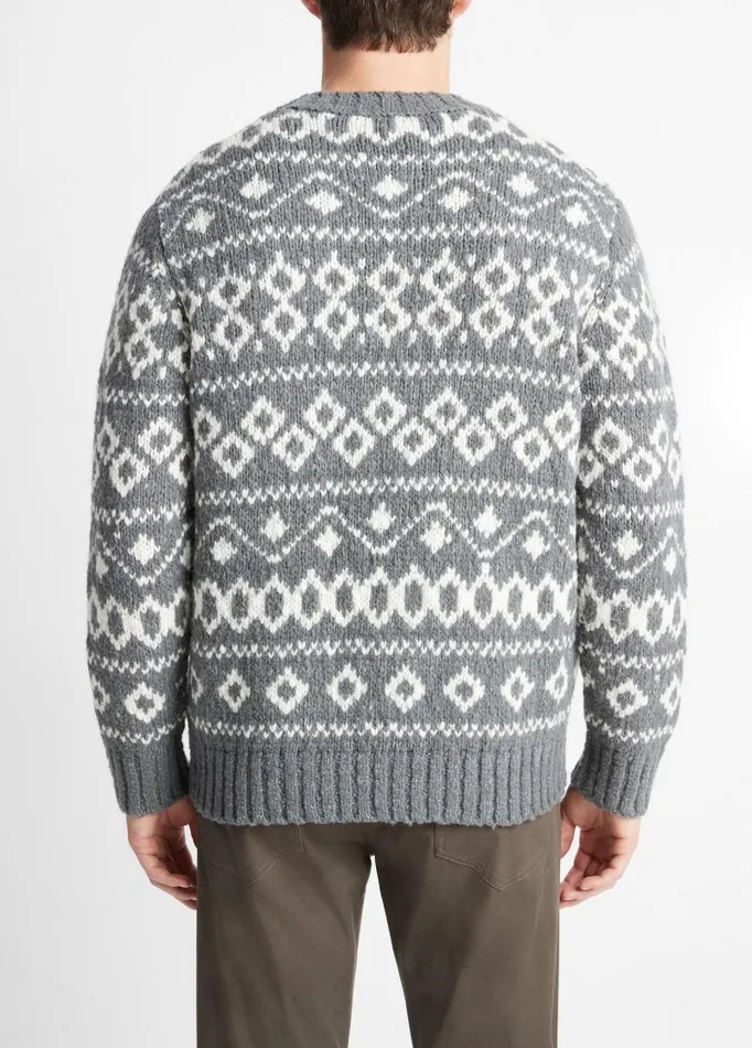 Men Sweaters Vince Fair Isle WoolBlend Crew Neck Sweater Medium Heather Grey Combo