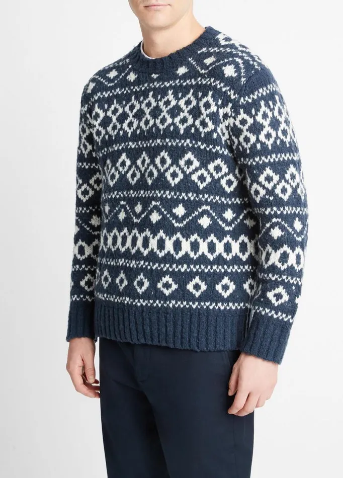 Men Sweaters Vince Fair Isle WoolBlend Crew Neck Sweater Washed Coastal Combo