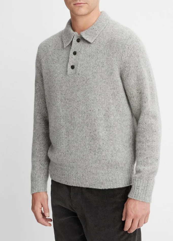 Men Sweaters Vince Plush Cashmere Donegal Polo Medium Heather Grey