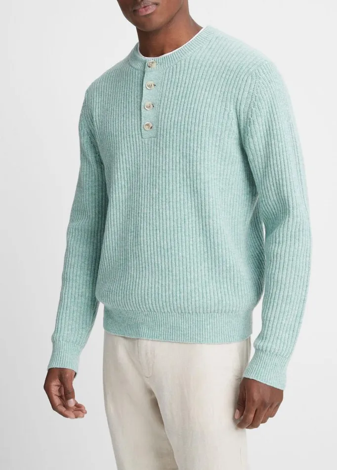 Men Sweaters Vince Textured Rib Wool And Cashmere Henley Heather Morning Mist