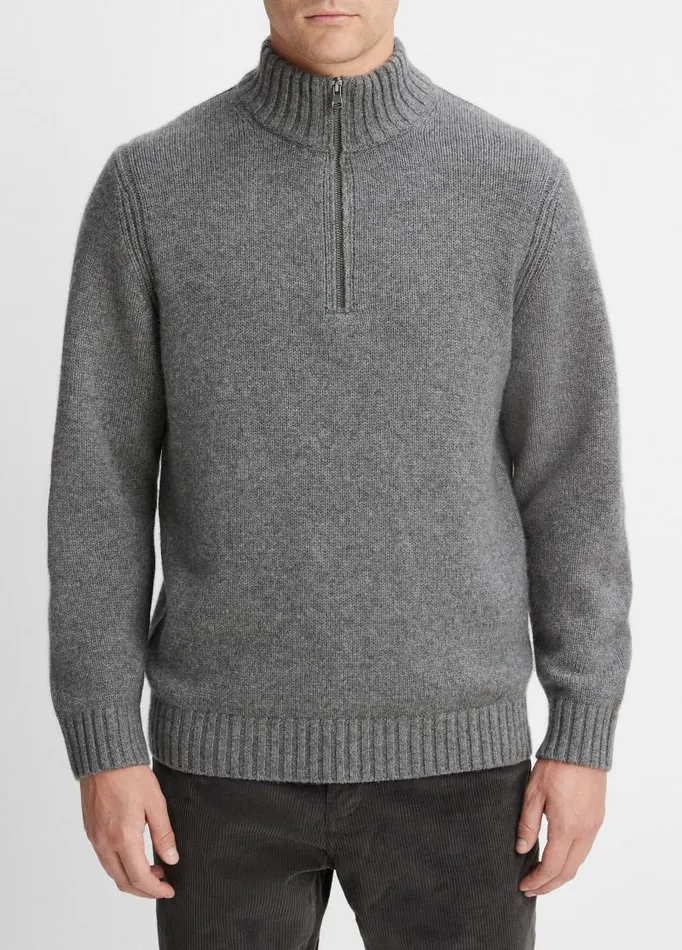 Men Sweaters Vince WoolCashmere Relaxed QuarterZip Sweater Medium Heather Grey