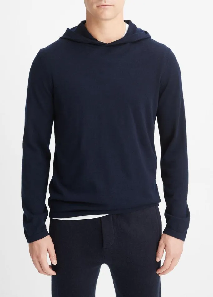 Men Sweatshirts and Hoodies Vince Featherweight Wool Cashmere Pullover Hoodie Coastal Blue