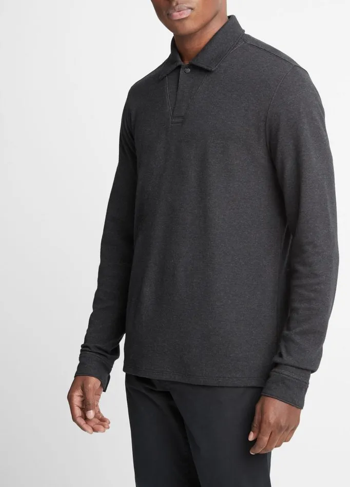 Men TShirts and Polos Vince DoubleFace LongSleeve Polo Shirt Heather Charcoaldune Grey